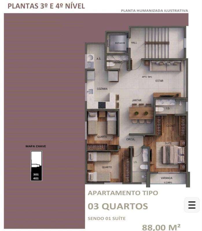 Apartamento, Castelo, 3 Quartos, 2 Vagas, 1 Suíte