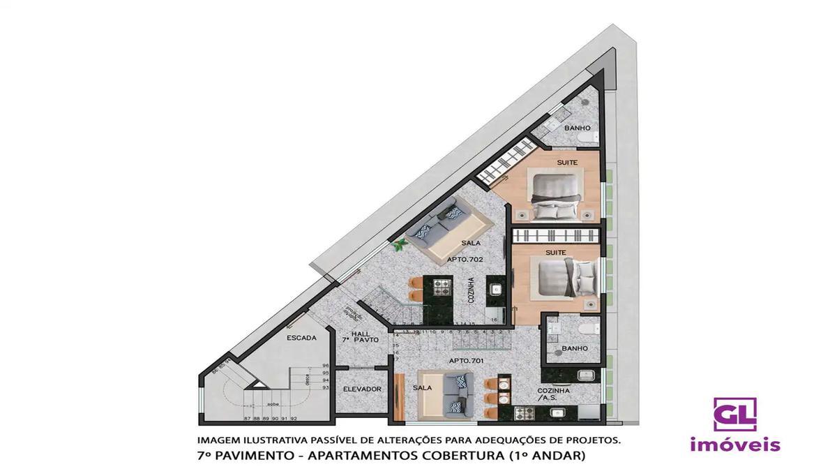 Apartamento, Funcionários, 2 Quartos, 1 Vaga