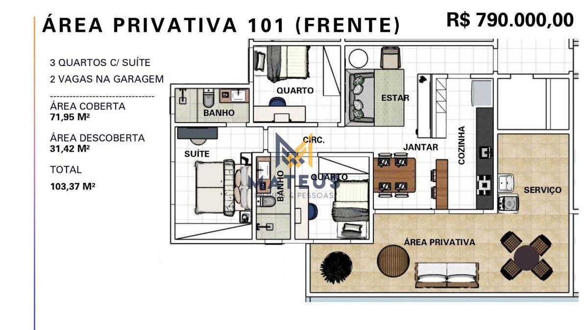 Apartamento, Caiçaras, 3 Quartos, 2 Vagas, 1 Suíte