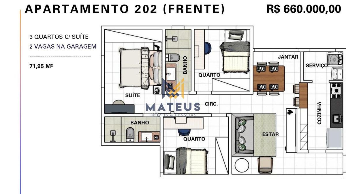 Apartamento, Caiçaras, 3 Quartos, 2 Vagas, 1 Suíte