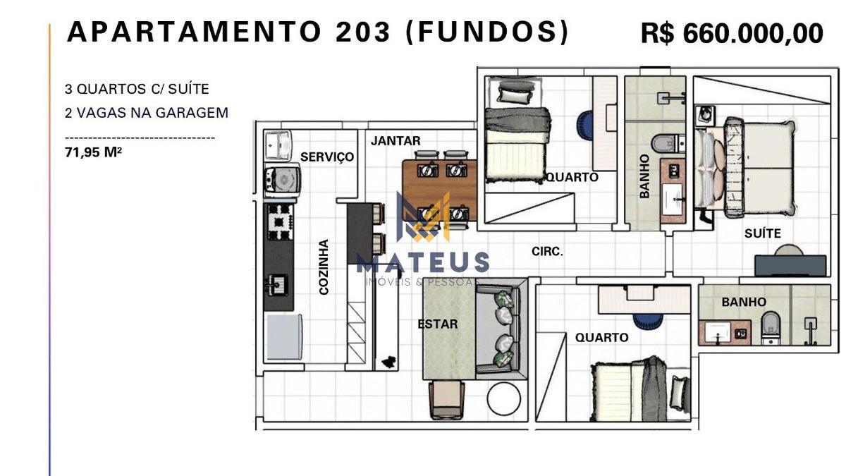 Apartamento, Caiçaras, 3 Quartos, 2 Vagas, 1 Suíte
