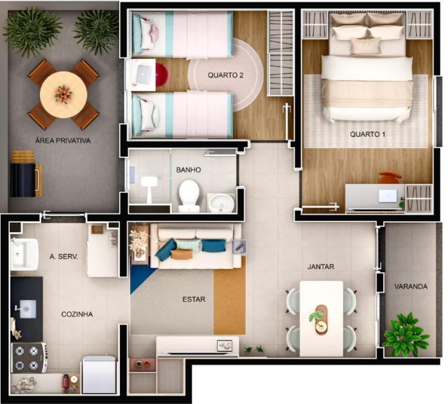 Apartamento, Bandeirinhas, 2 Quartos, 1 Vaga