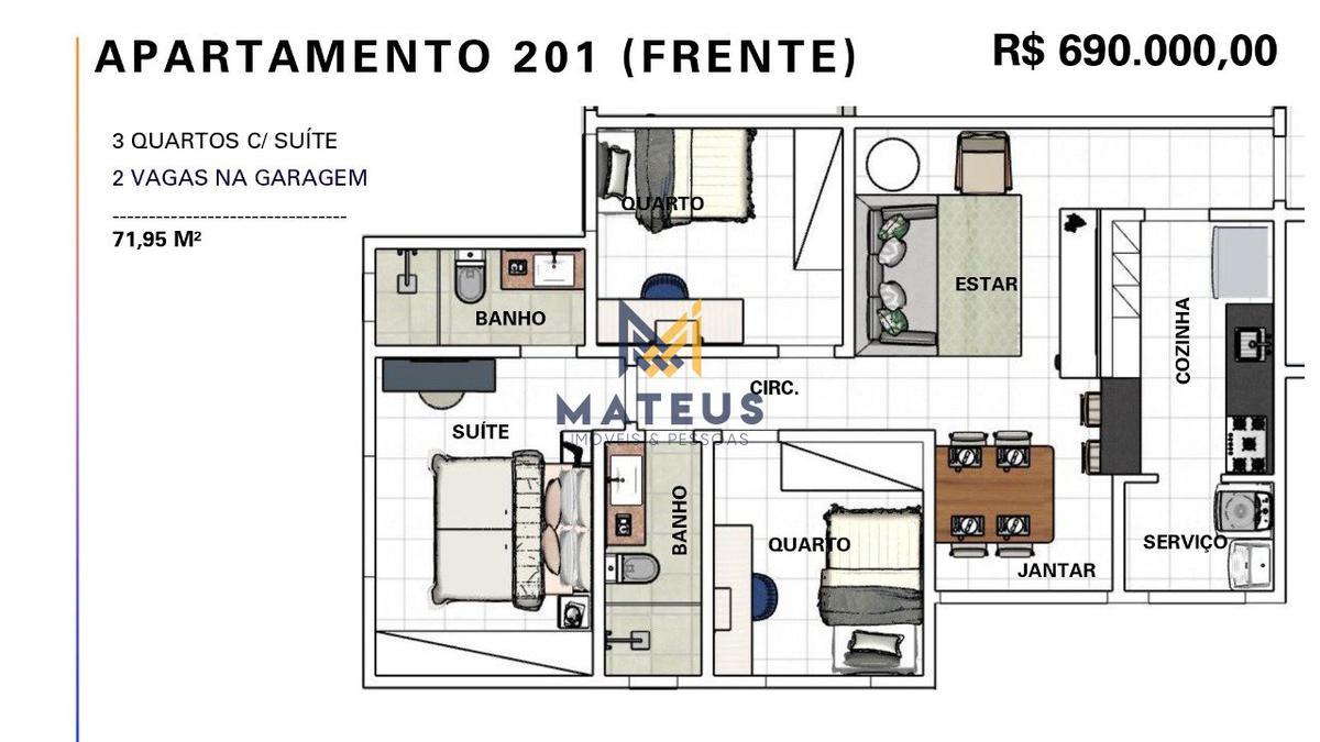 Apartamento, Caiçaras, 3 Quartos, 2 Vagas, 1 Suíte
