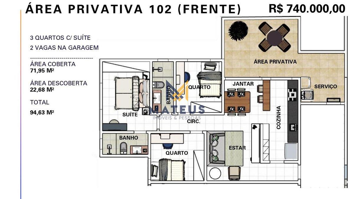 Apartamento, Caiçaras, 3 Quartos, 2 Vagas, 1 Suíte