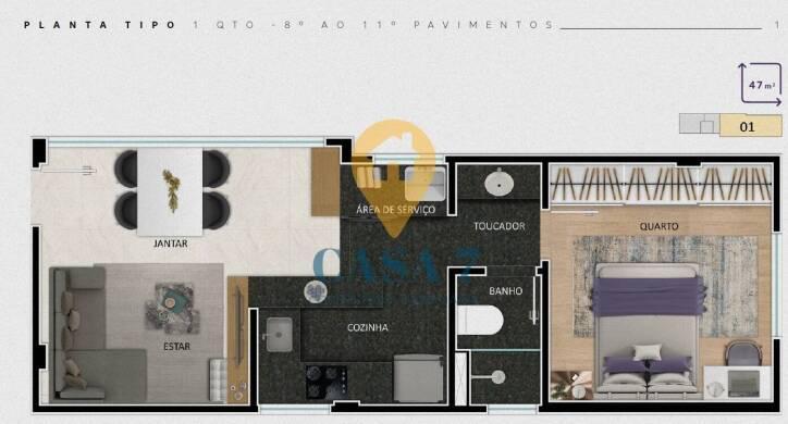 Apartamento, Funcionários, 2 Quartos, 0 Vaga, 1 Suíte