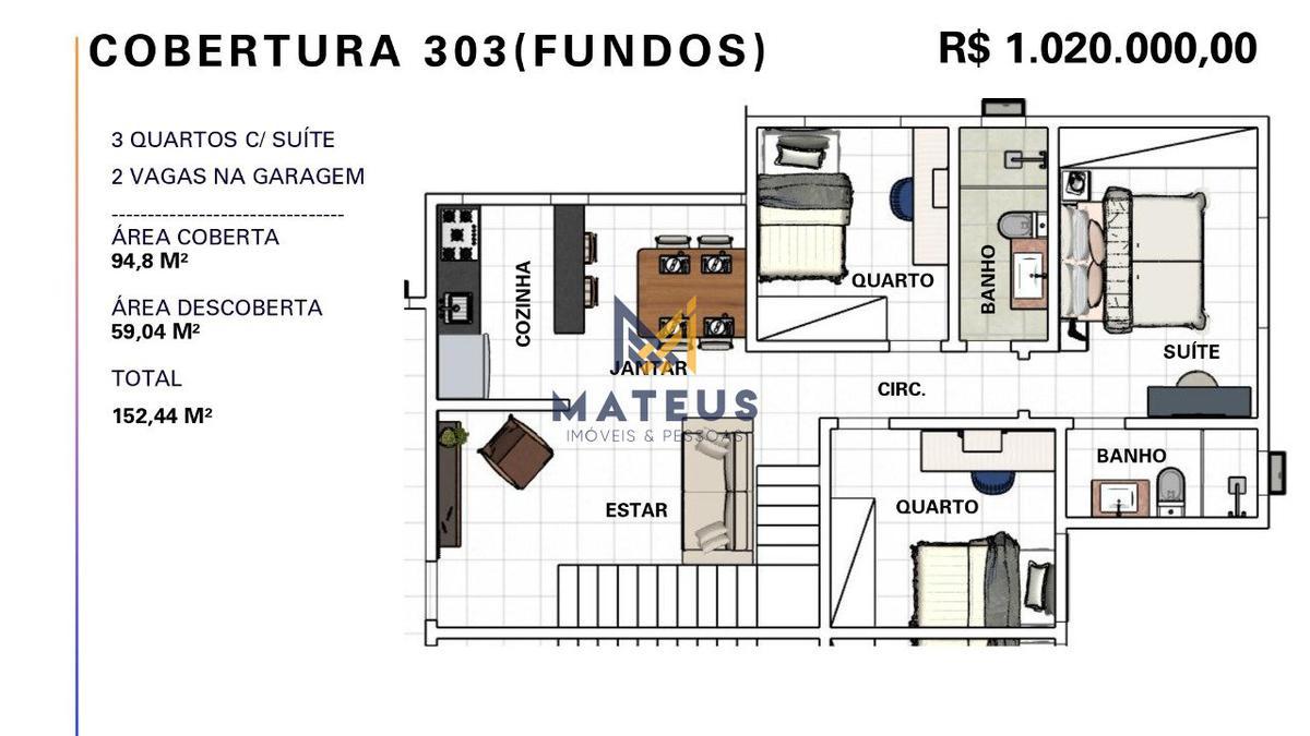 Cobertura, Caiçaras, 3 Quartos, 2 Vagas, 1 Suíte