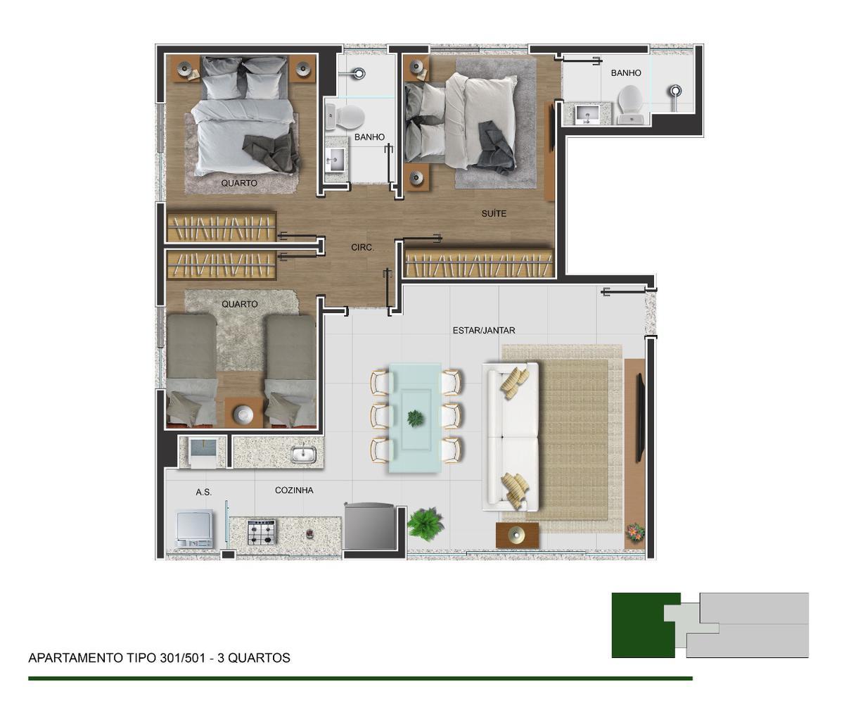 Apartamento, Funcionários, 2 Quartos, 2 Vagas, 1 Suíte