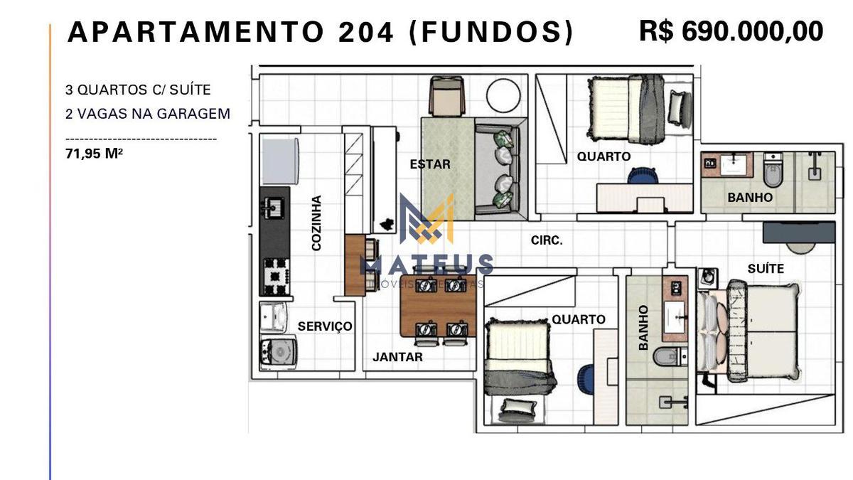 Apartamento, Caiçaras, 3 Quartos, 2 Vagas, 1 Suíte