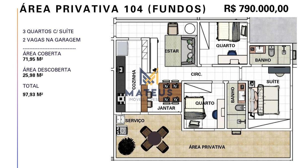 Apartamento, Caiçaras, 3 Quartos, 2 Vagas, 1 Suíte