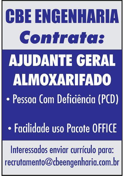 Cbe Engenharia Contrata: Ajudante de Almoxarifado Pcd(pessoa Com Deficiência)