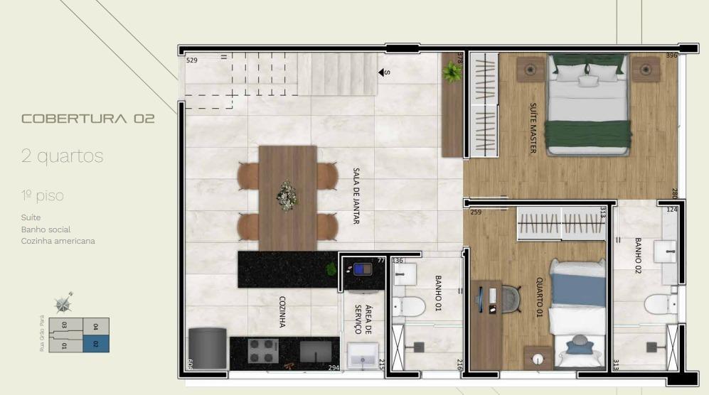 Cobertura, Funcionários, 2 Quartos, 2 Vagas, 1 Suíte