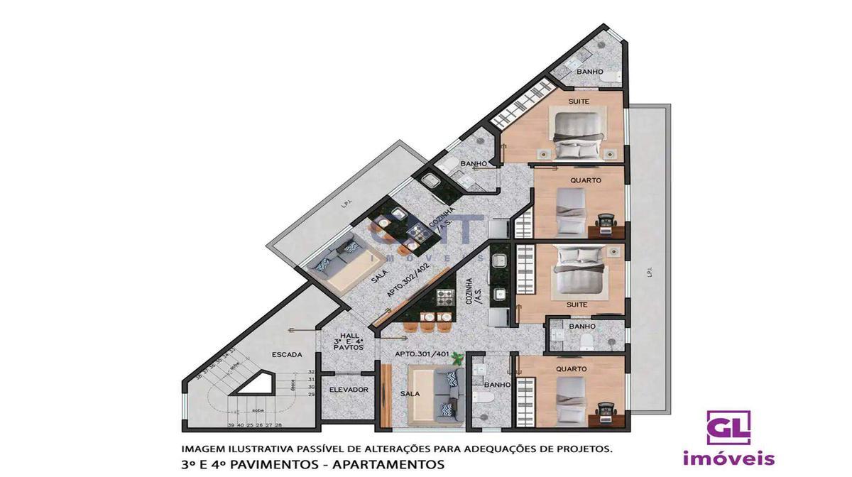 Apartamento, Funcionários, 2 Quartos, 1 Vaga